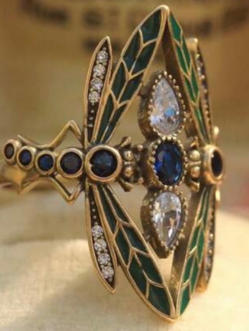 Vintage Art Nouveau Dragonfly Statement Ring | Emerald Green Enamel | New - Picture 7 of 9